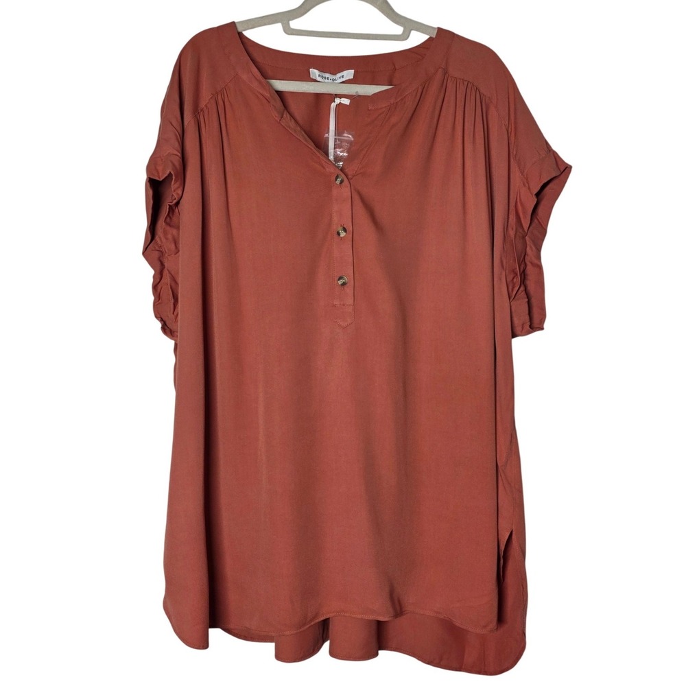 Rose + Olive Terracotta Henley Blouse 2X Plus Size Rayon Short Sleeve Top NWT